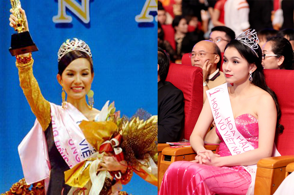 Thùy Lâm lúc đăng quang Hoa hậu Hoàn vũ Việt Nam 2008 (trái) và hiện tại