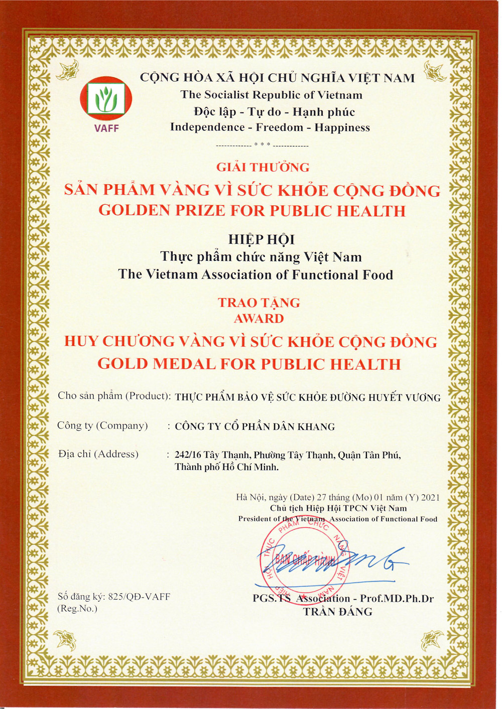 Sản phẩm vinh dự đạt huy chương vàng trong chương trình Sản phẩm vàng vì sức khỏe cộng đồng do Hiệp hội TPCN Việt Nam trao tặng