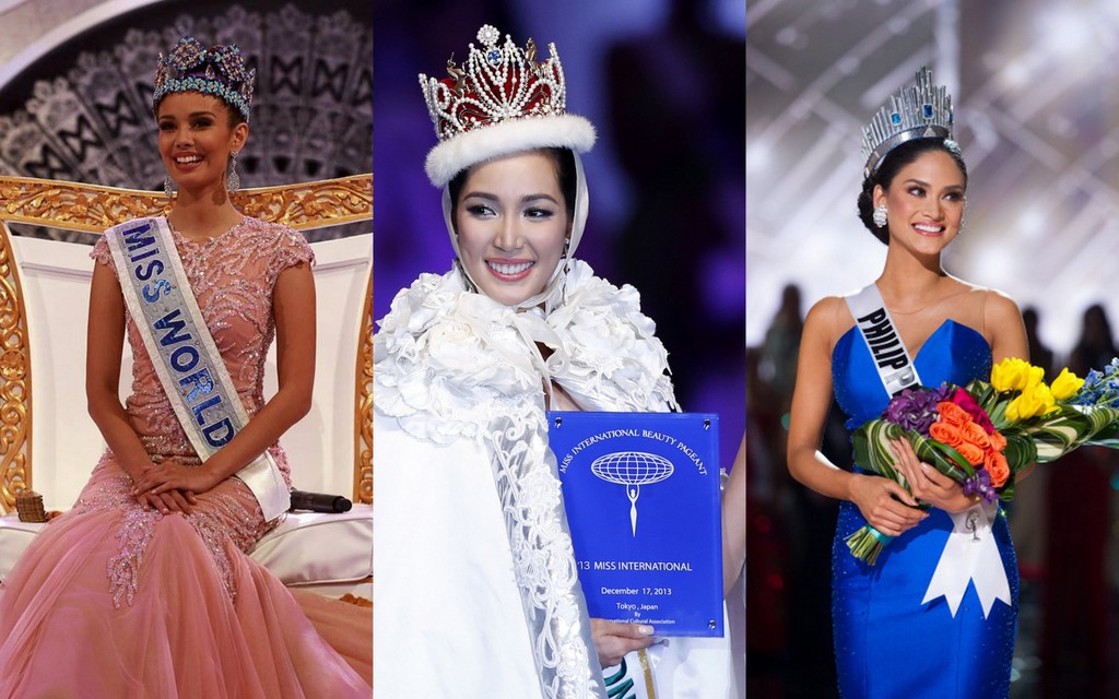 Hoa hậu Thế giới 2013 Megan Young, Hoa hậu Quốc tế 2013 Bea Santiago và Hoa hậu Hoàn vũ 2015 Pia Wurtzbach là những người đẹp thành công nhất của Philippines những năm gần đây - Ảnh: AFP, Reuters