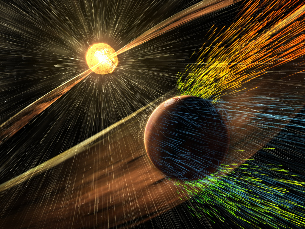 Hình ảnh minh họa giả thuyết mặt trời tước đoạt khí quyển sao Hỏa - Ảnh: NASA