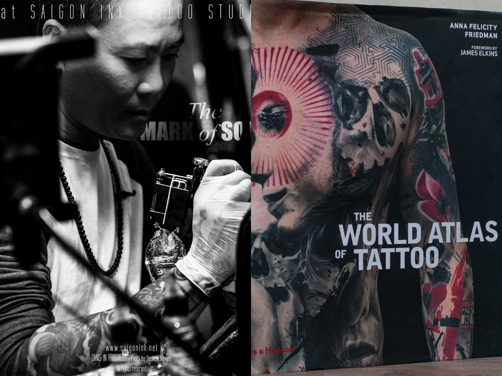 Nghệ nhân xăm mình Nguyễn Đăng Thiên và bìa cuốn sách The World Atlas of Tattoo - Ảnh: SEAN mio