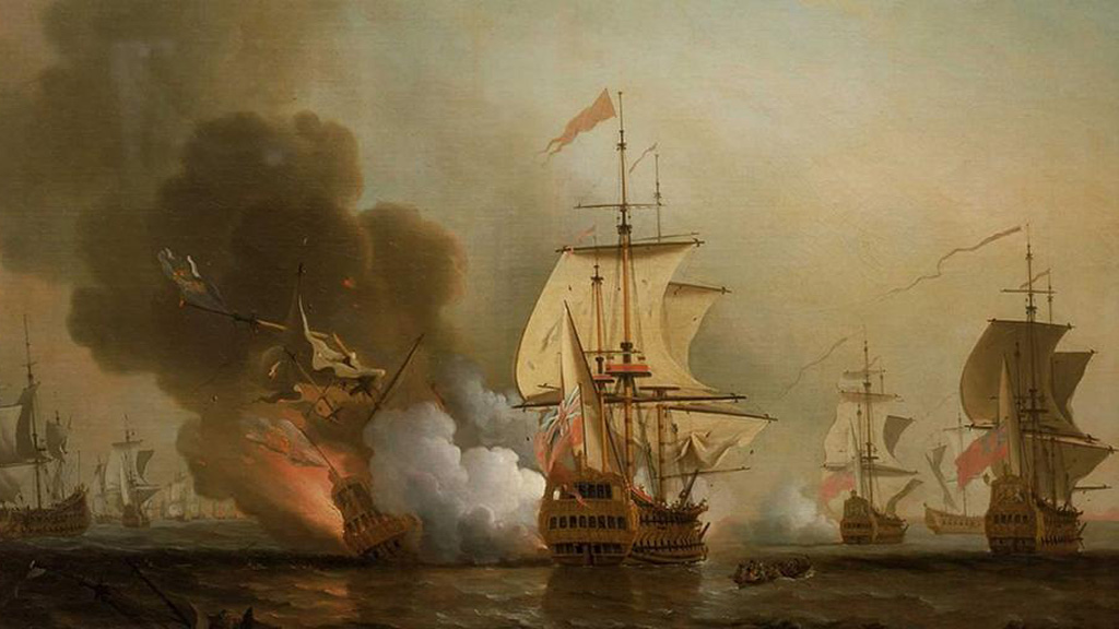 Một bức vẽ sơn dầu về trận đánh giữa tàu Anh và Tây Ban Nha ngoài khơi Cartagena năm 1708 - Ảnh: Telegraph
