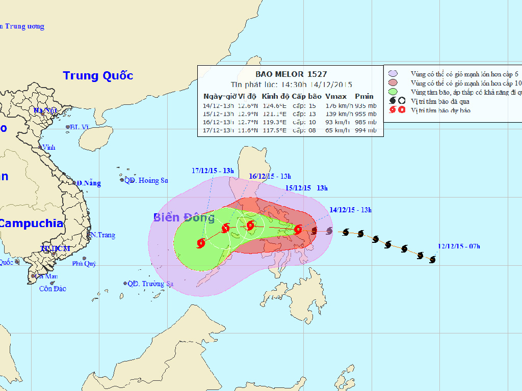 Đường đi của cơn bão Melor - Ảnh: Trung tâm dự báo khí tượng thủy văn T.Ư