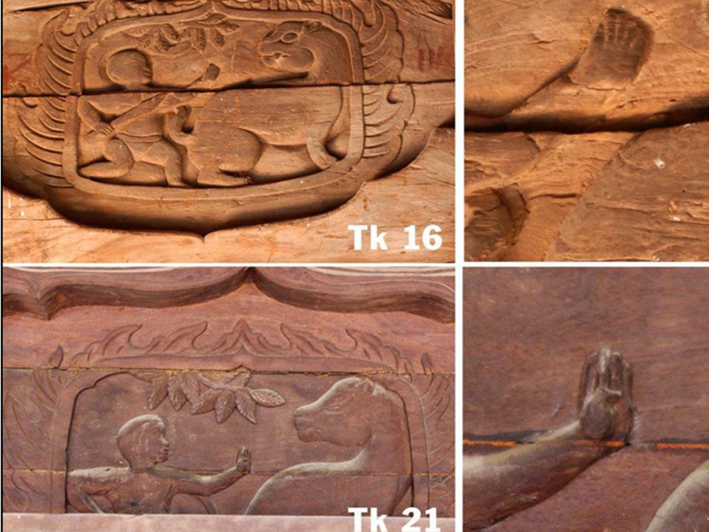 Bộ vì kèo cũ từ thế kỷ 16 (trên) và mới làm có những chi tiết chạm khắc khác nhau - Ảnh: Bình Nguyễn