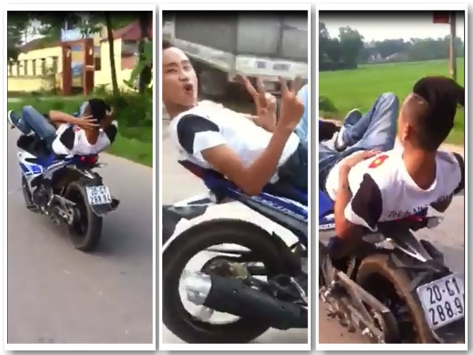 Người điều khiển xe máy bằng chân, xem thường tính mạng của mình và người khác được xác định là Dương Hồng Phong, 26 tuổi, ngụ ở xã Bảo Lý, huyện Phú Bình, Thái Nguyên - Ảnh cắt từ video