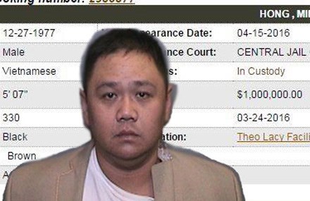 Hình ảnh của Minh Béo và thông tin tạm giam cùng số tiền bảo lãnh trên website của Sở cảnh sát quận Cam, California (Mỹ)