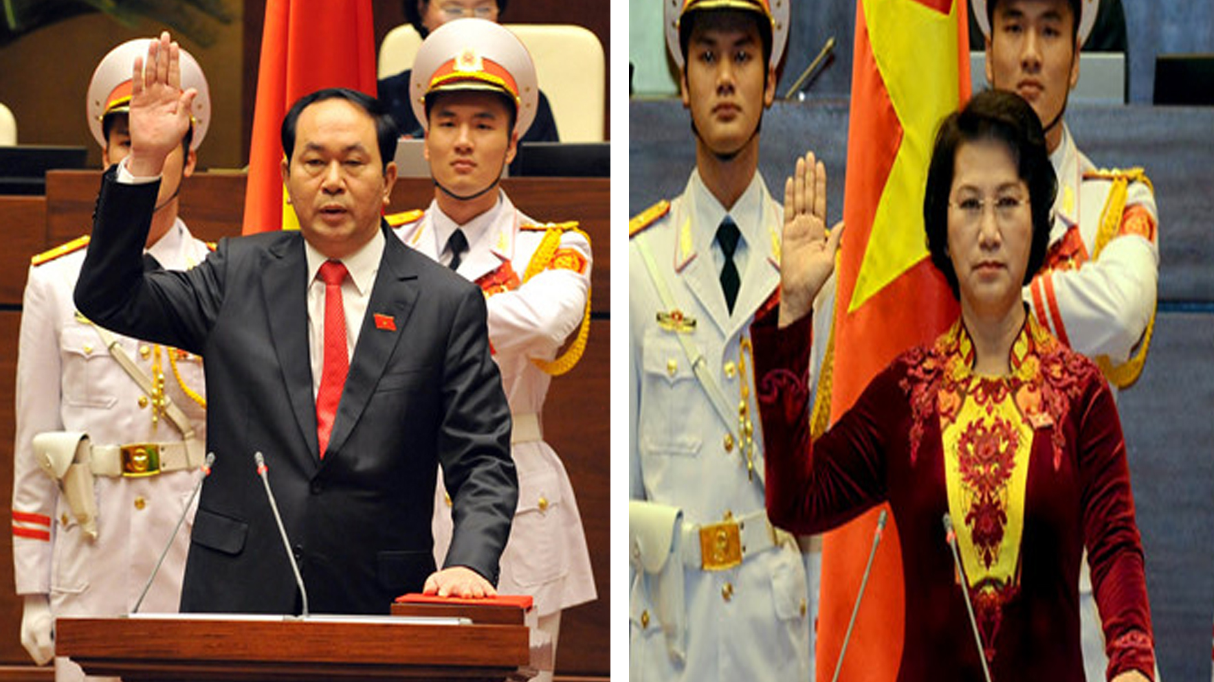 Tân Chủ tịch nước Trần Đại Quang và Chủ tịch Quốc hội Nguyễn Thị Kim Ngân đọc lời tuyên thệ trong buổi lễ nhậm chức - Ảnh: Ngọc Thắng