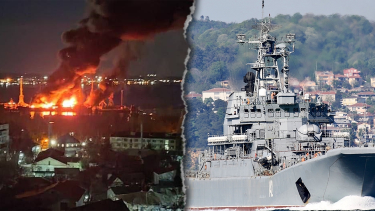 Xem vụ nổ lớn khi Ukraine bắn trúng tàu đổ bộ Nga ở Crimea