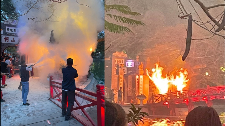 Xôn xao vì cháy trạm bán vé qua cầu Thê Húc trên hồ Hoàn Kiếm