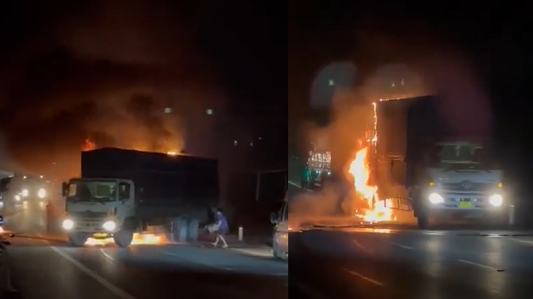 Xe tải bốc cháy ngùn ngụt trên Quốc lộ 20