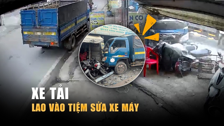 Thót tim xe tải húc gãy trụ đèn, lao vào tiệm sửa xe ở Củ Chi