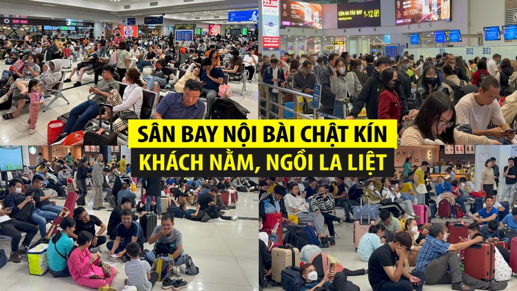 Sân bay Nội Bài chật kín ngày nghỉ tết cuối cùng, khách nằm la liệt chờ bay