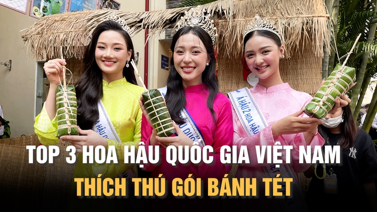 Hoa hậu Kiều Duy cùng 2 á hậu Quốc gia Việt Nam thích thú trải nghiệm gói bánh tét