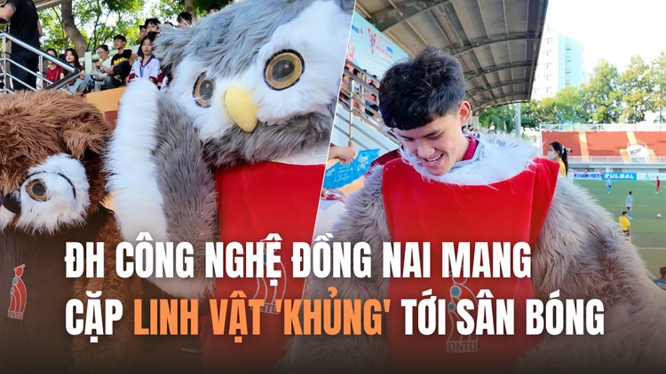 ĐH Công nghệ Đồng Nai mang cặp linh vật 'khủng' tới sân bóng: Truyền may mắn!