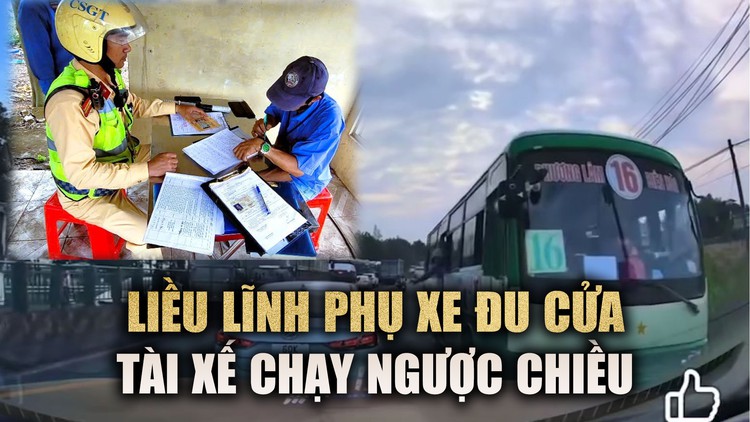 Tài xế xe buýt bất chấp chạy ngược chiều, phụ xe đu cửa 'bắt' xe khác tránh
