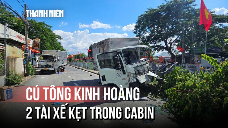 Cận cảnh hai xe tải tông nhau kinh hoàng ở Tân Phú