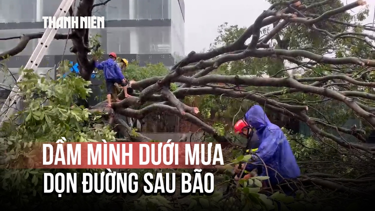 Sau bão Wipha, cảnh sát PCCC dầm mình dưới mưa dọn đường giúp dân