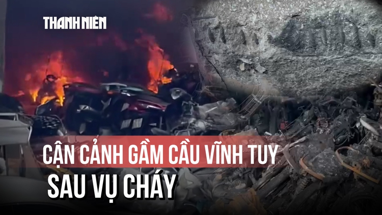 Cận cảnh gầm cầu Vĩnh Tuy trơ lõi thép sau vụ cháy bãi xe