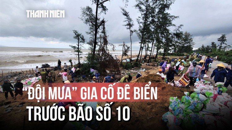 Hàng trăm người 'đội mưa' gia cố đê biển trước bão số 10 ở Hà Tĩnh