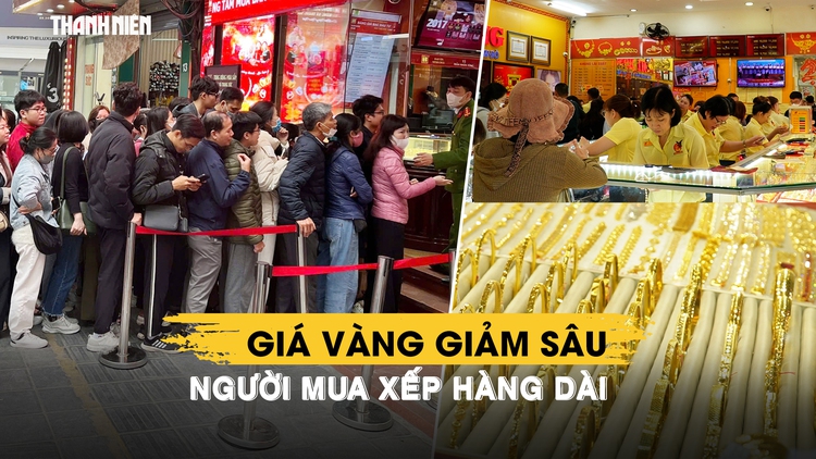 Giá vàng giảm sâu, người mua xếp hàng dài trước cửa hàng vàng