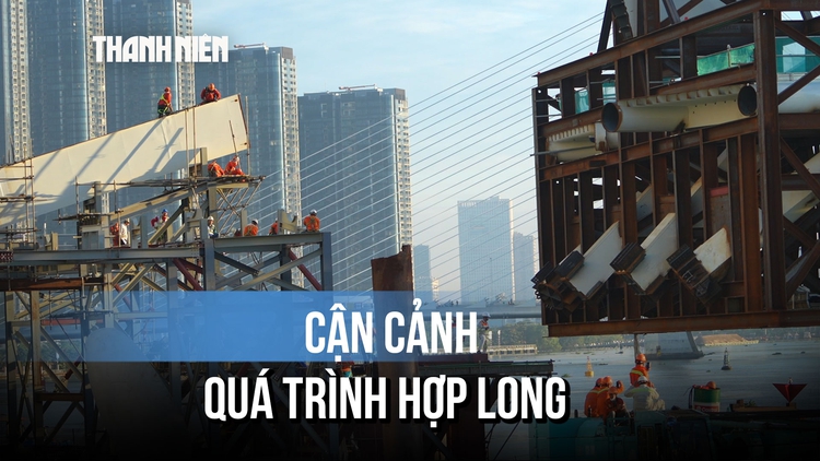 Cận cảnh quá trình hợp long vòm thép siêu trọng cầu đi bộ sông Sài Gòn