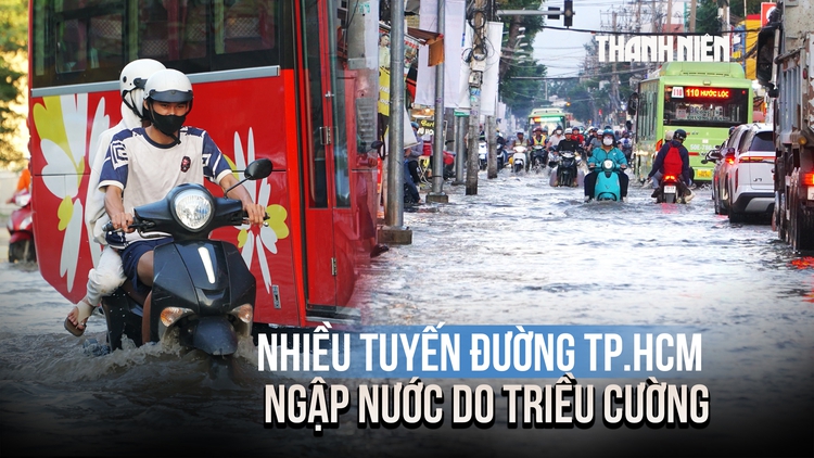 Triều cường dâng cao, đường Phạm Hữu Lầu nước ngập gần bánh xe máy