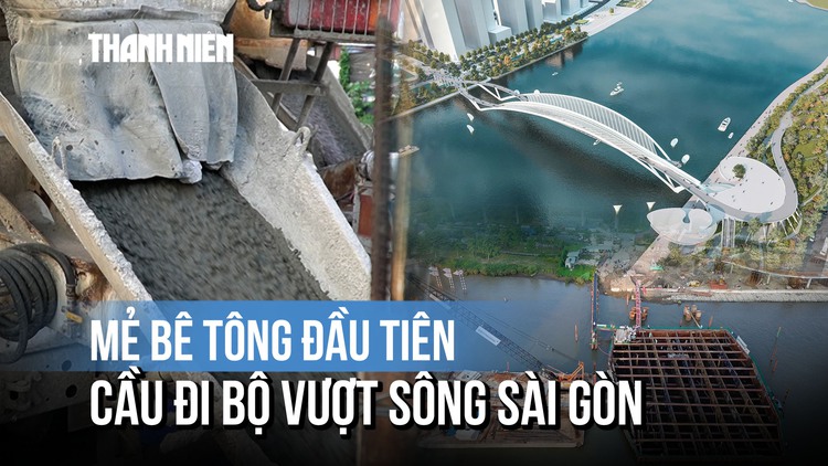 Xem cầu đi bộ vượt sông Sài Gòn đổ mẻ bê tông đầu tiên bệ trụ cầu chính