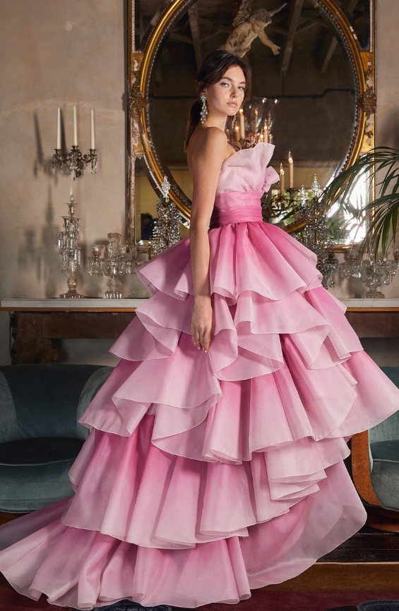 Váy dạ hội satin màu hồng pha trộn ren xám độc đáo - Lunss