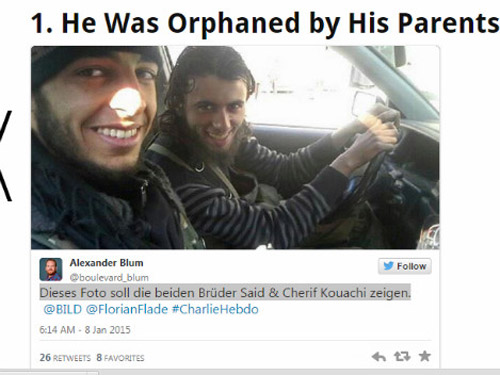 Một nhà báo Đức đăng tải tấm hình trên trang Twitter nói rằng đây là 2 anh em Said Kouachi và Cherif Kouachi - Ảnh: Chụp màn hình trang Heavy.com