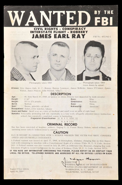 Một tấm áp phích truy nã James Earl Ray, kẻ ám sát mục sư Martin Luther King -	Ảnh: FBI