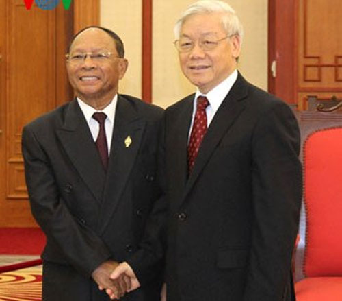 Tổng Bí thư Nguyễn Phú Trọng tiếp Chủ tịch Quốc hội Vương quốc Campuchia Heng Samrin sang dự IPU-132 tại Việt Nam