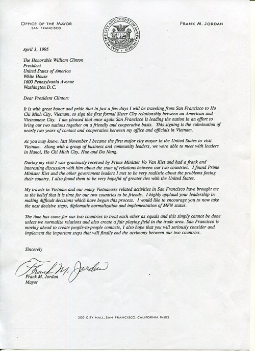 Bản lưu bức thư của Thị trưởng Frank Jordan gửi Tổng thống Bill Clinton kêu gọi bình thường hóa quan hệ với VN - Ảnh: Tư liệu