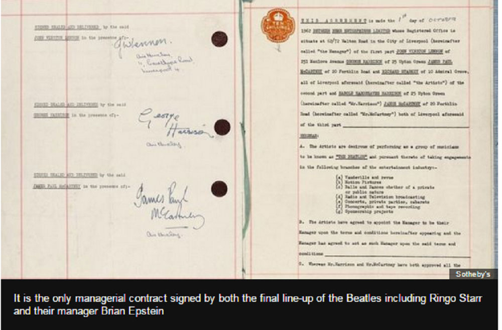 Đây là bản hợp đồng duy nhất mà The Beatles kí với “ông bầu” Brian Epstein - Ảnh: Chụp màn hình BBC