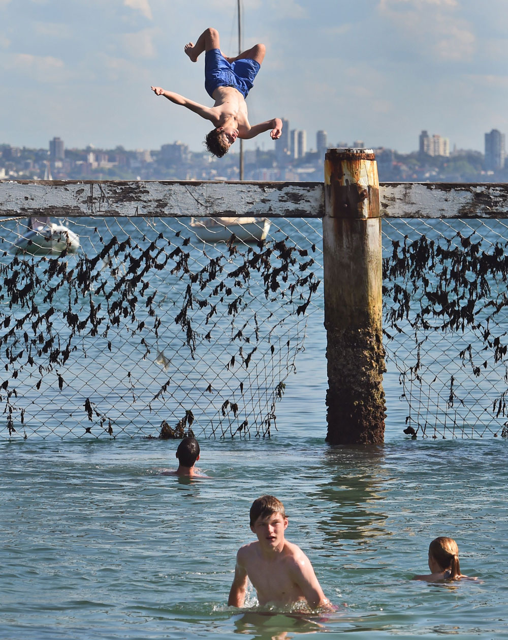 Trẻ con Úc chơi đùa gần hàng rào chống cá mập ở bang New South Wales - Ảnh: AFP