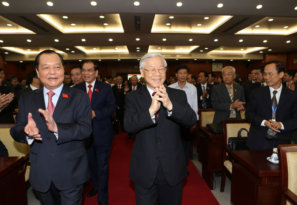 Tổng bí thư Nguyễn Phú Trọng, các đồng chí lãnh đạo và nguyên lãnh đạo Đảng, Nhà nước đến dự Đại hội - Ảnh: TTXVN