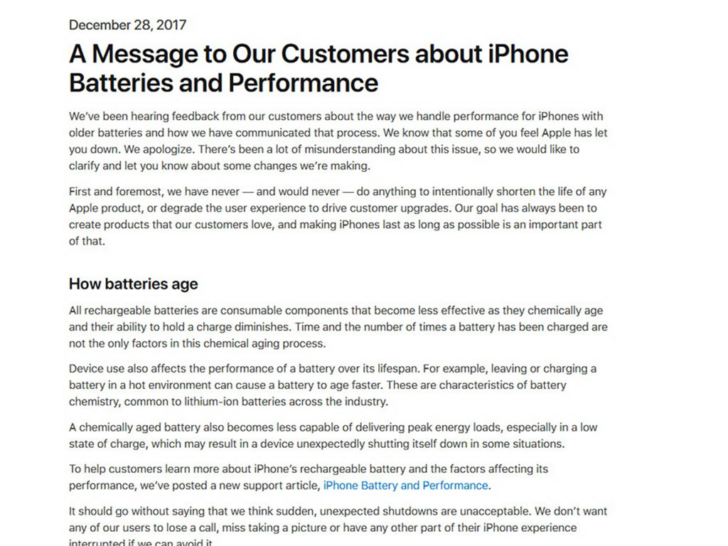 Bức thư xin lỗi khách hàng của Apple  Chụp từ màn hình website của Apple
