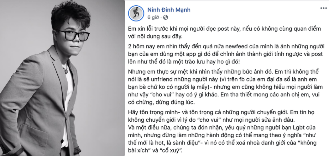 Đinh Mạnh Ninh lên án việc dùng ứng dụng 'chuyển giới' FaceApp 
