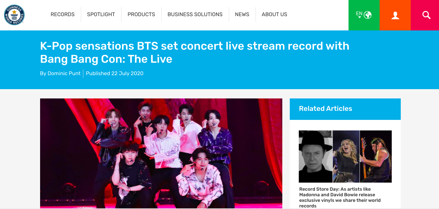 'Bang Bang Con: The Live' của BTS xác lập kỷ lục Guinness là concert trực tuyến có nhiều người xem nhất thế giới