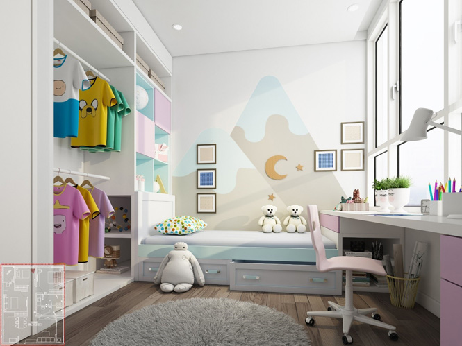 Phòng trẻ em được thiết kế thanh nhã vui nhộn, sáng tạo với nhiều sắc màu và vật dụng thú vị như bình hoa, gấu bông, tranh tường… Con bạn sẽ có một môi trường tuyệt vời để phát triển thể chất và trí óc sáng tạo trong căn phòng này