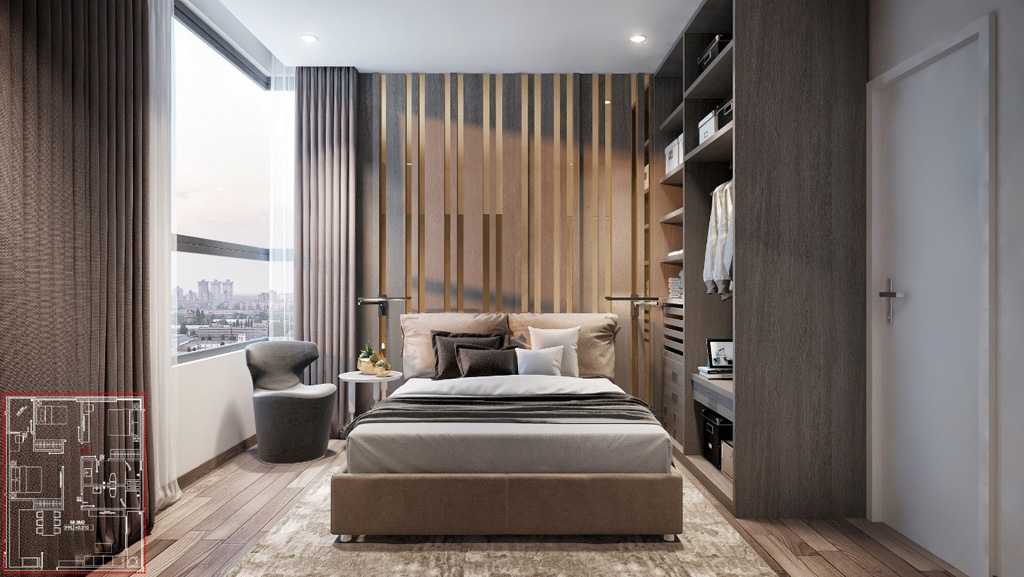 Một thiết kế phòng ngủ khác trong căn hộ có hướng nhìn rộng thoáng, màu sắc của gỗ được sử dụng trong mỗi căn phòng, từ sàn, giường ngủ, tủ áo quần đến những mảng tường cách điệu đem lại cảm giác ấm áp và sang trọng…