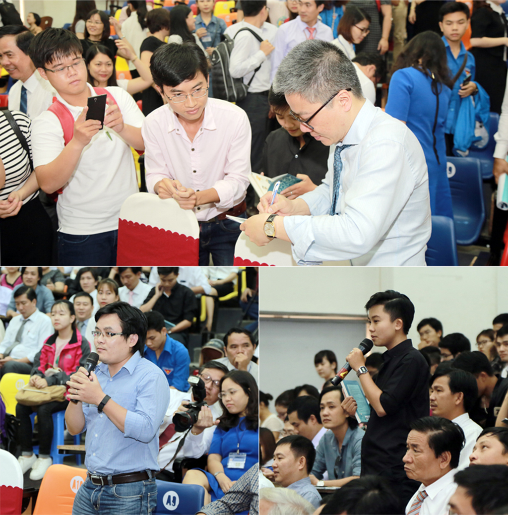 GS Ngô Bảo Châu ký tặng sinh viên và đông đảo giảng viên, sinh đặt câu hỏi tại buổi giao lưu