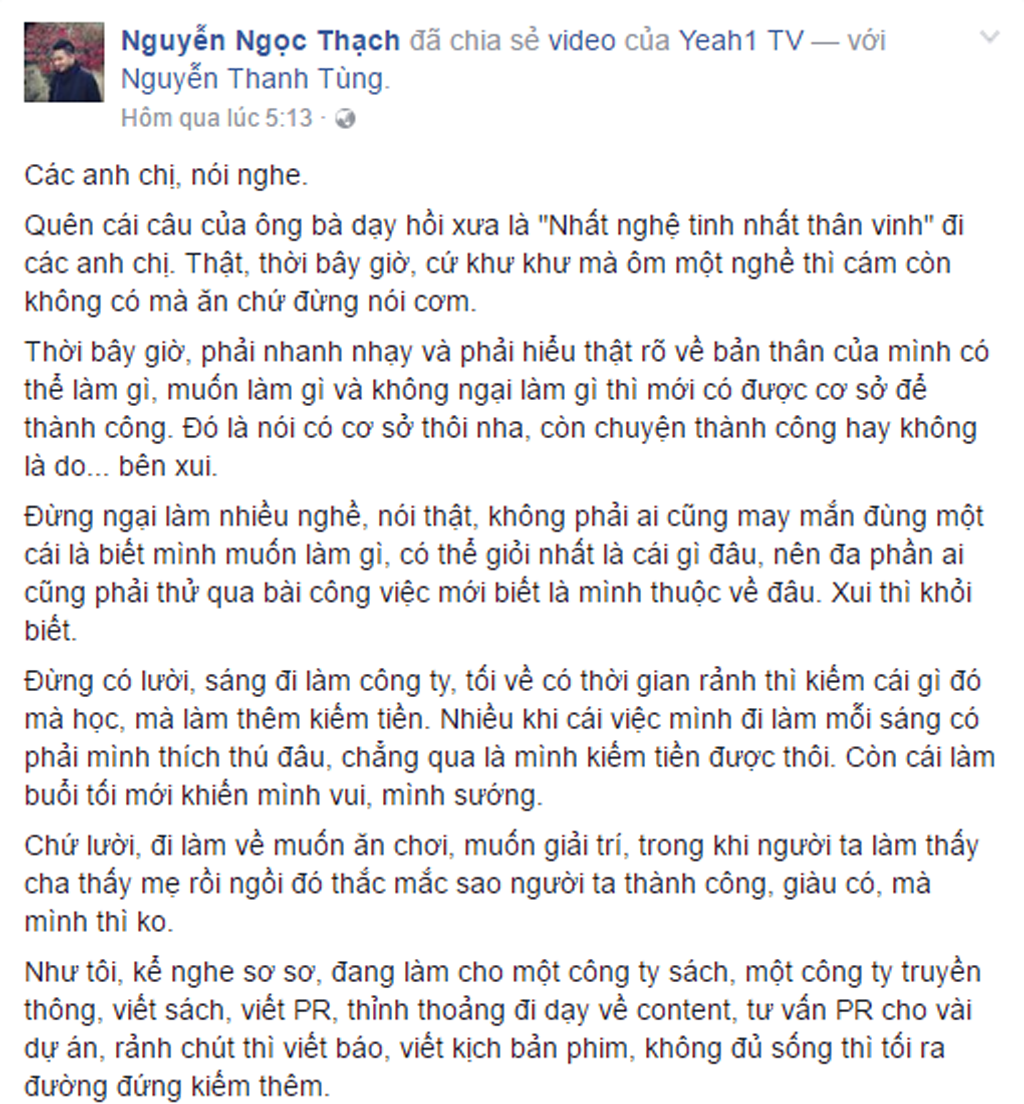 Bằng câu chuyện của chính mình, nhà văn trẻ Ngọc Thạch thể hiện sự ủng hộ mạnh mẽ với quan điểm làm nhiều nghề cùng một lúc của Tùng Leo