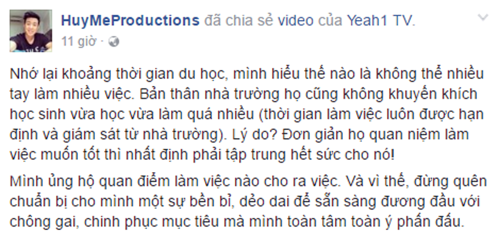 HuyMe  khẳng định: “Tập trung toàn bộ sức lực cho một công việc chưa chắc đã có kết quả cao, nói gì dồn sức cho cả 9 nghề”