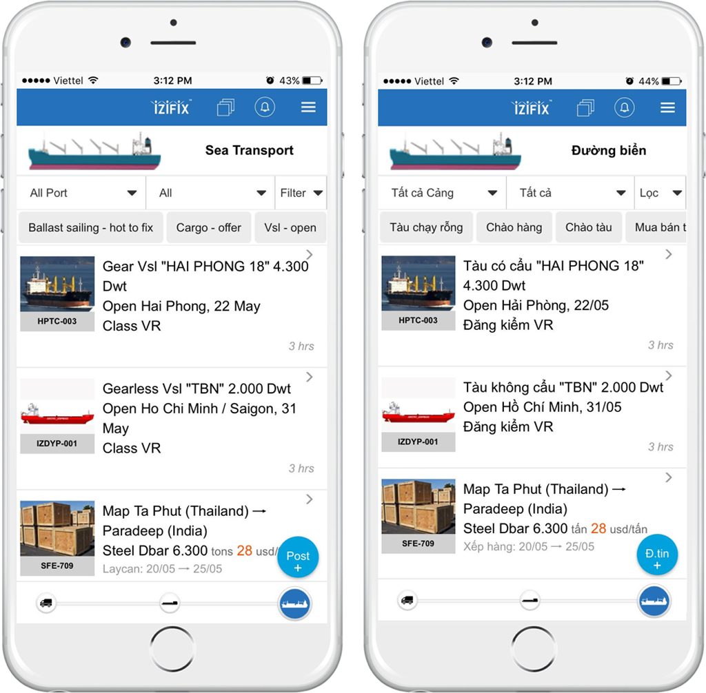 Giao diện điện thoại Ứng dụng IZIFIX trên cả hai phiên bản tiếng Anh và tiếng Việt của phương thức vận tải đường biển