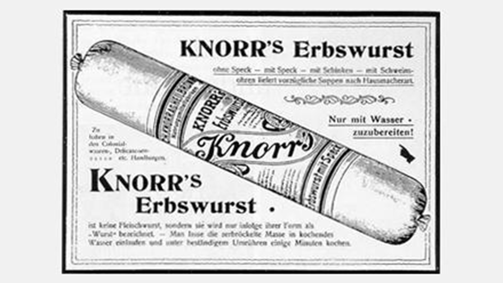 Sản phẩm Knorr được ra đời năm 1889 - Súp đậu cô đặc, có thể dùng dưới dạng khô hoặc cho thêm nước để tạo nên súp