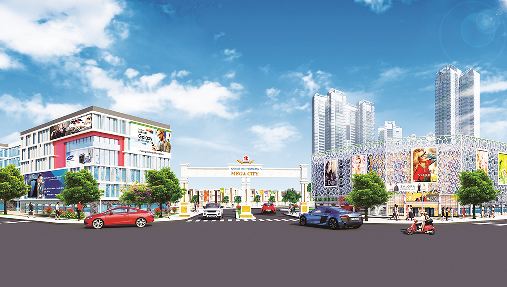 Một góc phối cảnh dự án Mega City ngay mặt tiền đường Hùng Vương, trung tâm thị xã Bến Cát