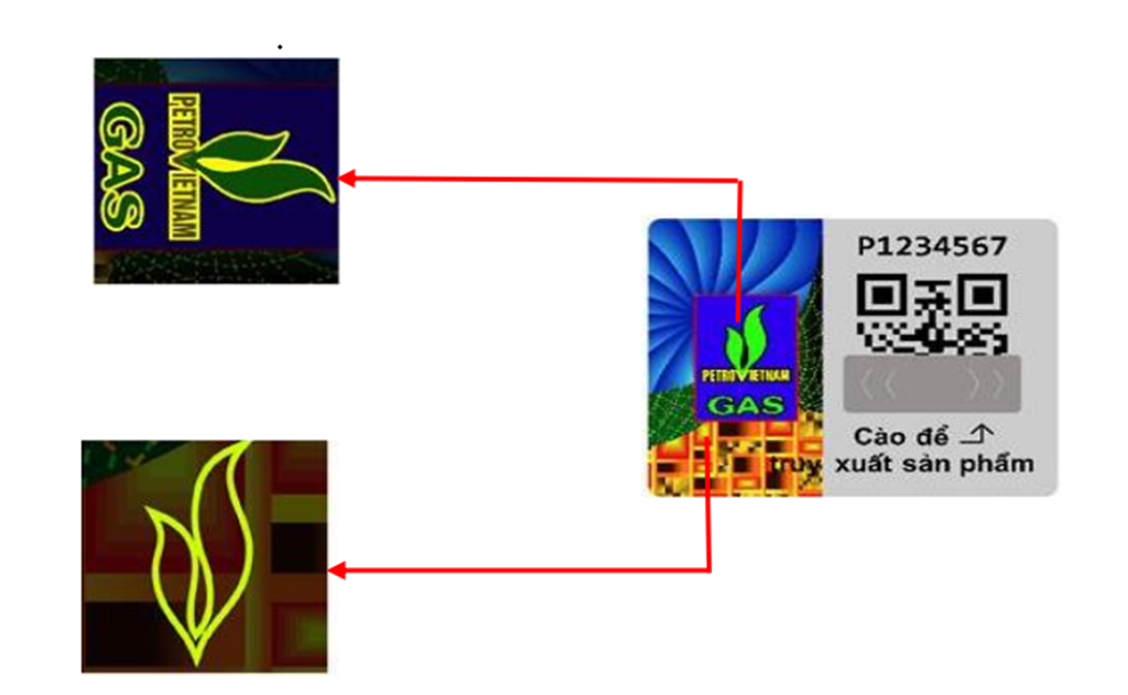 Thay đổi góc nhìn 90 độ, sẽ thấy logo của PVGAS nằm ngang và hình ngọn lửa ở phần dưới bên trái của tem