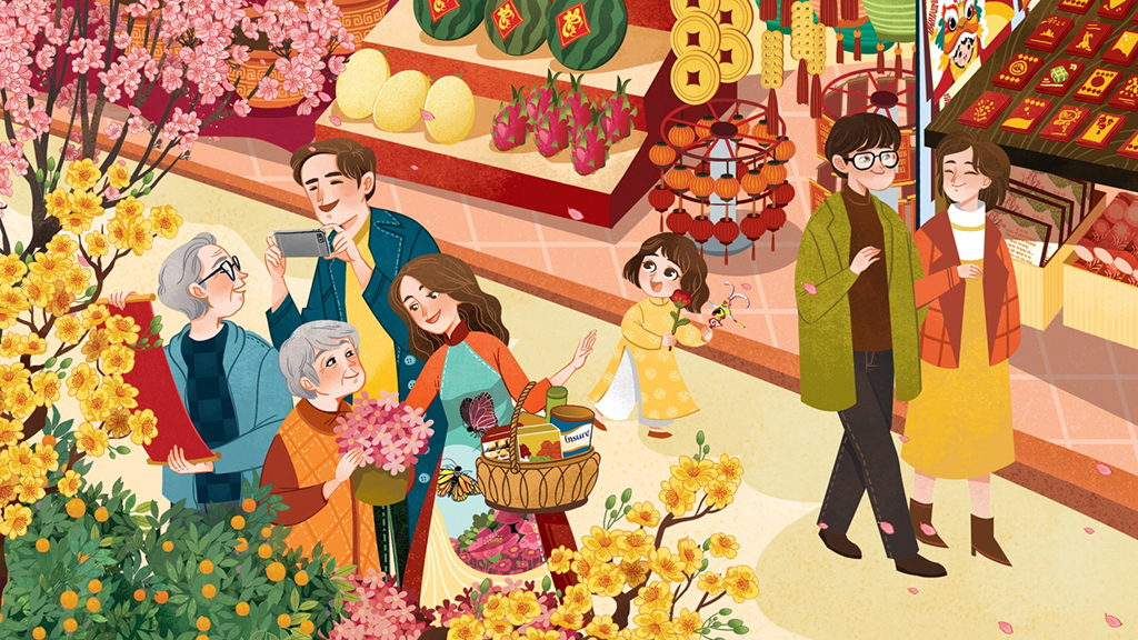 Tết trong ước mong của cha mẹ lớn tuổi cũng có thể là buổi sáng ngập tràn nắng xuân, cả gia đình cùng nhau đi chợ hoa