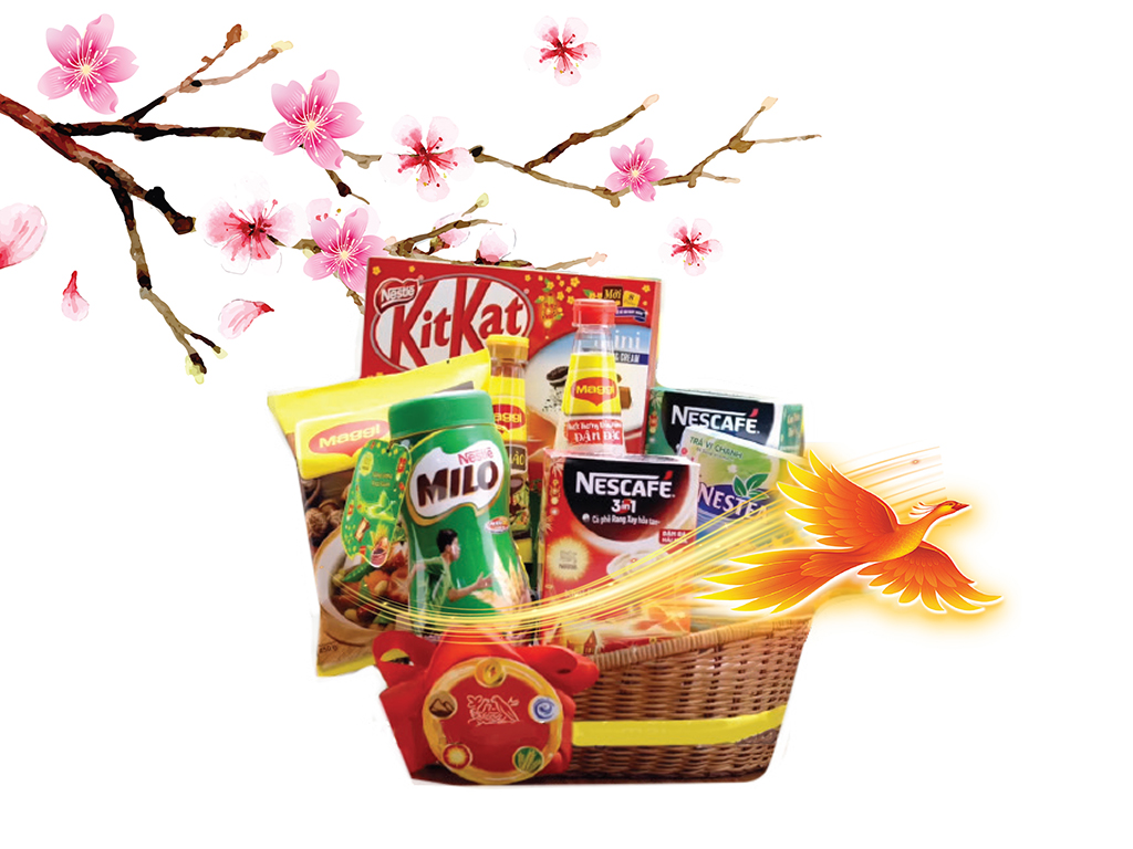 Giỏ quà Tết Nestlé với lời chúc Ngũ phúc: Phú, Quý, Thọ, An, Khang