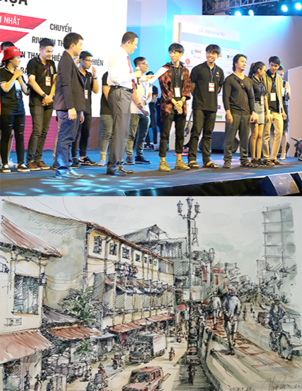 Sinh viên Võ Văn Dự (mặc áo kẻ đỏ ở giữa - ảnh trên) của ĐH Duy Tân giành giải nhất Hội họa và tác phẩm đoạt giải 